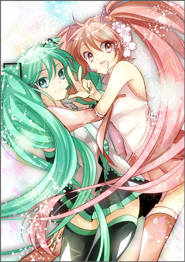 2girls, colored_eyelashes, detached_sleeves, dual_persona, flower, green_eyes, green_hair, hair_flower