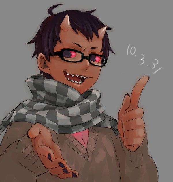 1boy, black_hair, checkered_clothes, checkered_scarf, colored_sclera, dark-skinned_male, dark_skin, glasses