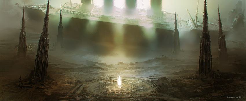 1girl, bad_id, bad_pixiv_id, building, city, female_focus, fog, glowing, original, rms_titanic, rounin_(amuza), ruins, scenery, ship, skyscraper, solo, water, watercraft