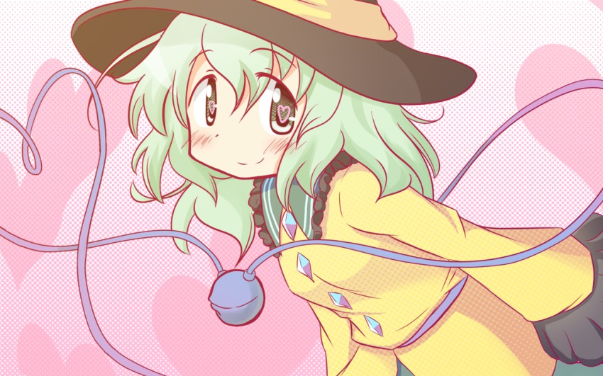 1girl, blush, eyeball, female_focus, green_eyes, green_hair, hat, hat_ribbon