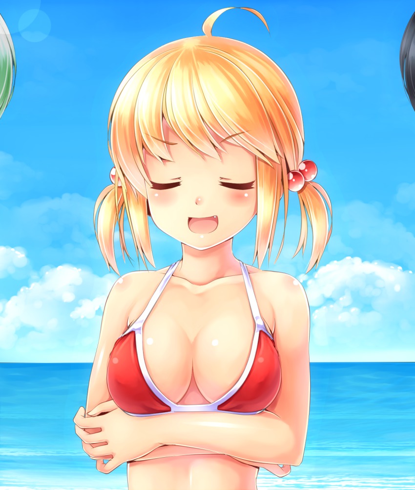 1girl, ahoge, bad_id, bad_pixiv_id, bikini, bikini_top_only, blonde_hair, breasts