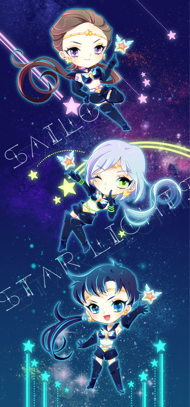 1990s_(style), 3girls, bishoujo_senshi_sailor_moon, bishoujo_senshi_sailor_moon_sailor_stars, bishoujo_senshi_sailor_moon_stars, black_hair, black_legwear, blue_background