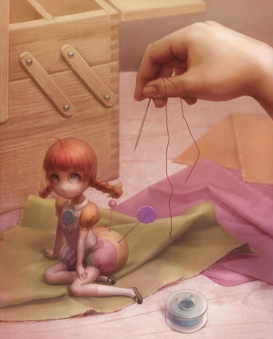 1girl, box, braid, daiyou-uonome, fabric, green_eyes, needle, orange_hair