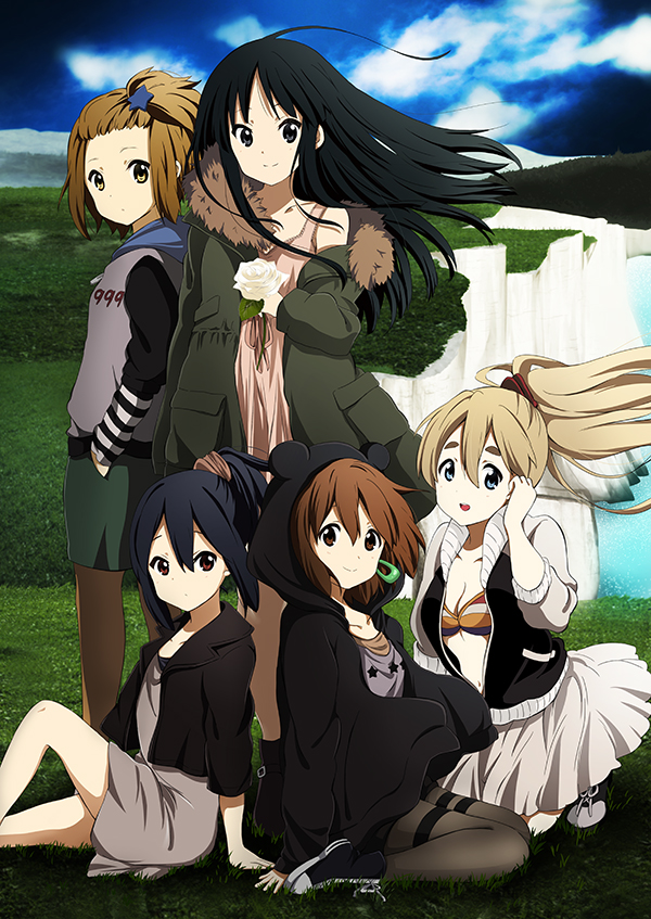 5girls, akiyama_mio, black_eyes, black_hair, blonde_hair, blue_eyes, blush, brown_eyes