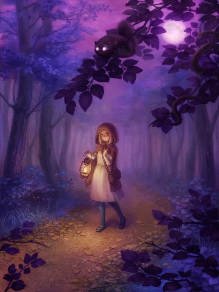 1girl, bag, basket, blonde_hair, daiyou-uonome, female_focus, forest, full_moon