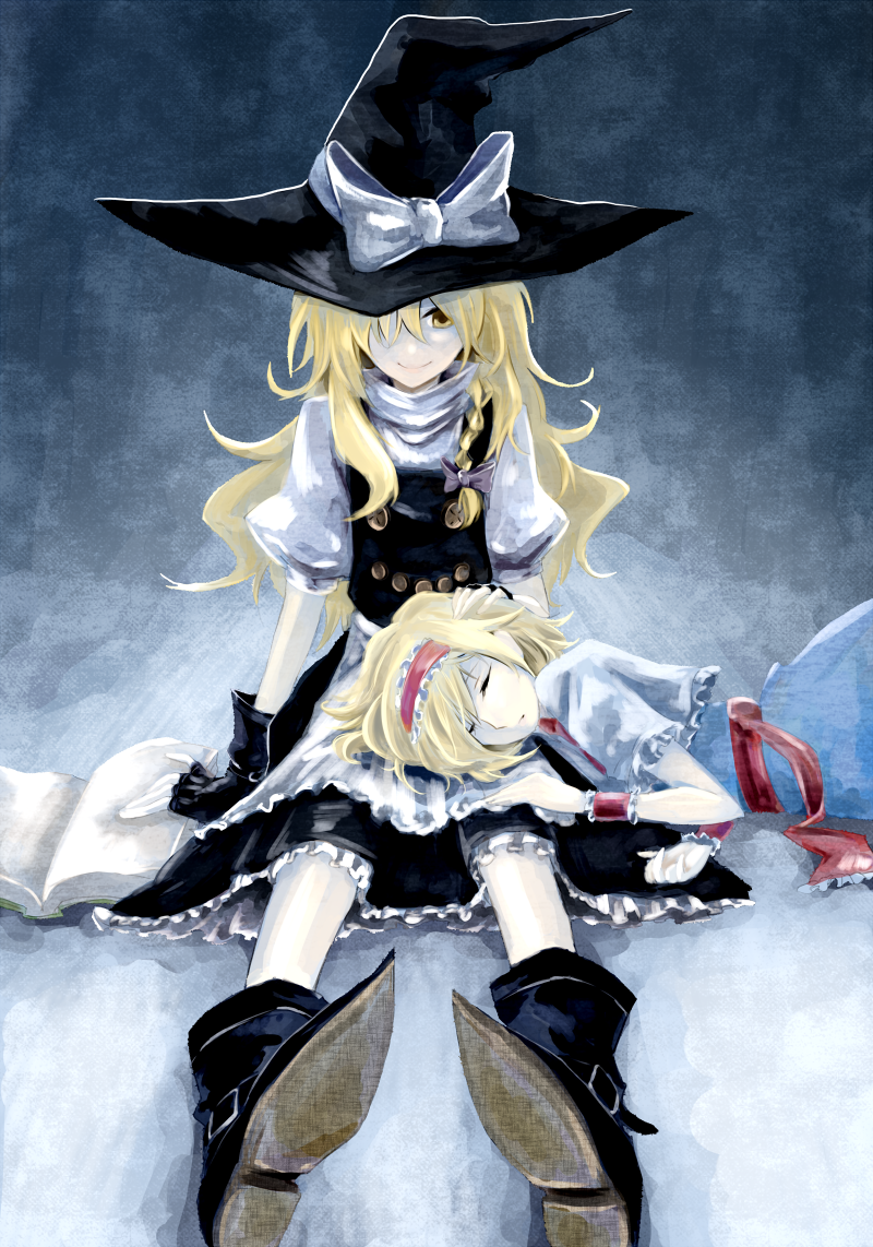 2girls, alice_margatroid, blonde_hair, book, boots, braid, buckle, capelet, closed_eyes, female_focus, fingerless_gloves, gloves, hairband, hat, kirisame_marisa, lap_pillow, long_hair, mitsunara, multiple_girls, puffy_sleeves, ribbon, short_hair, short_sleeves, single_braid, sitting, sleeping, smile, touhou, witch_hat, yellow_eyes