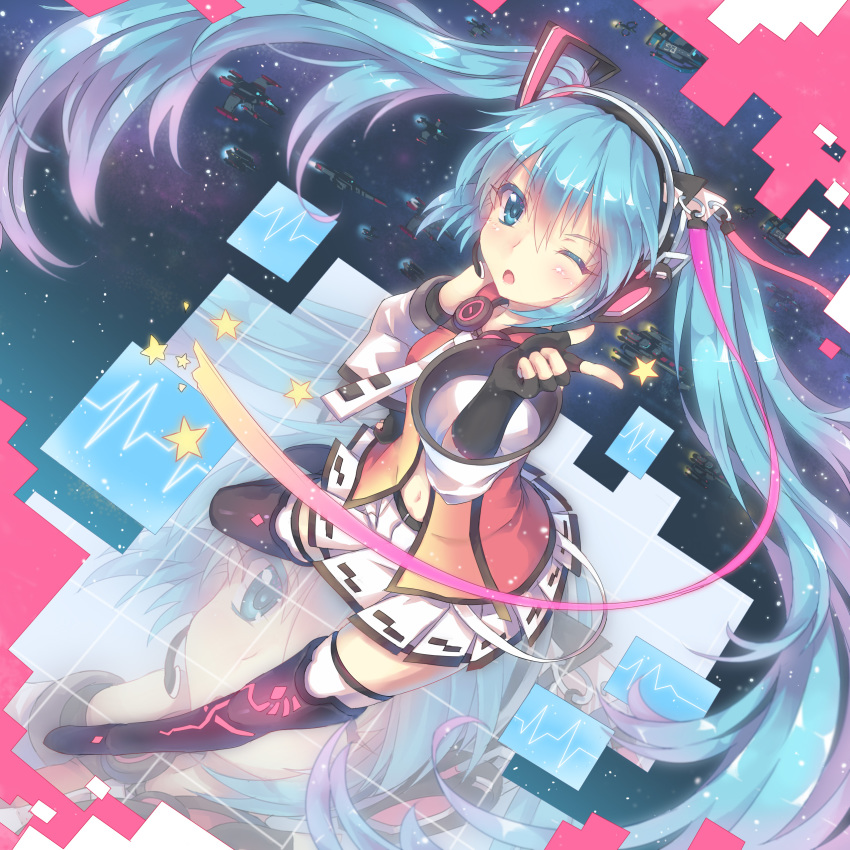 1girl, absurdres, aqua_eyes, aqua_hair, boots, detached_sleeves, female_focus, fingerless_gloves