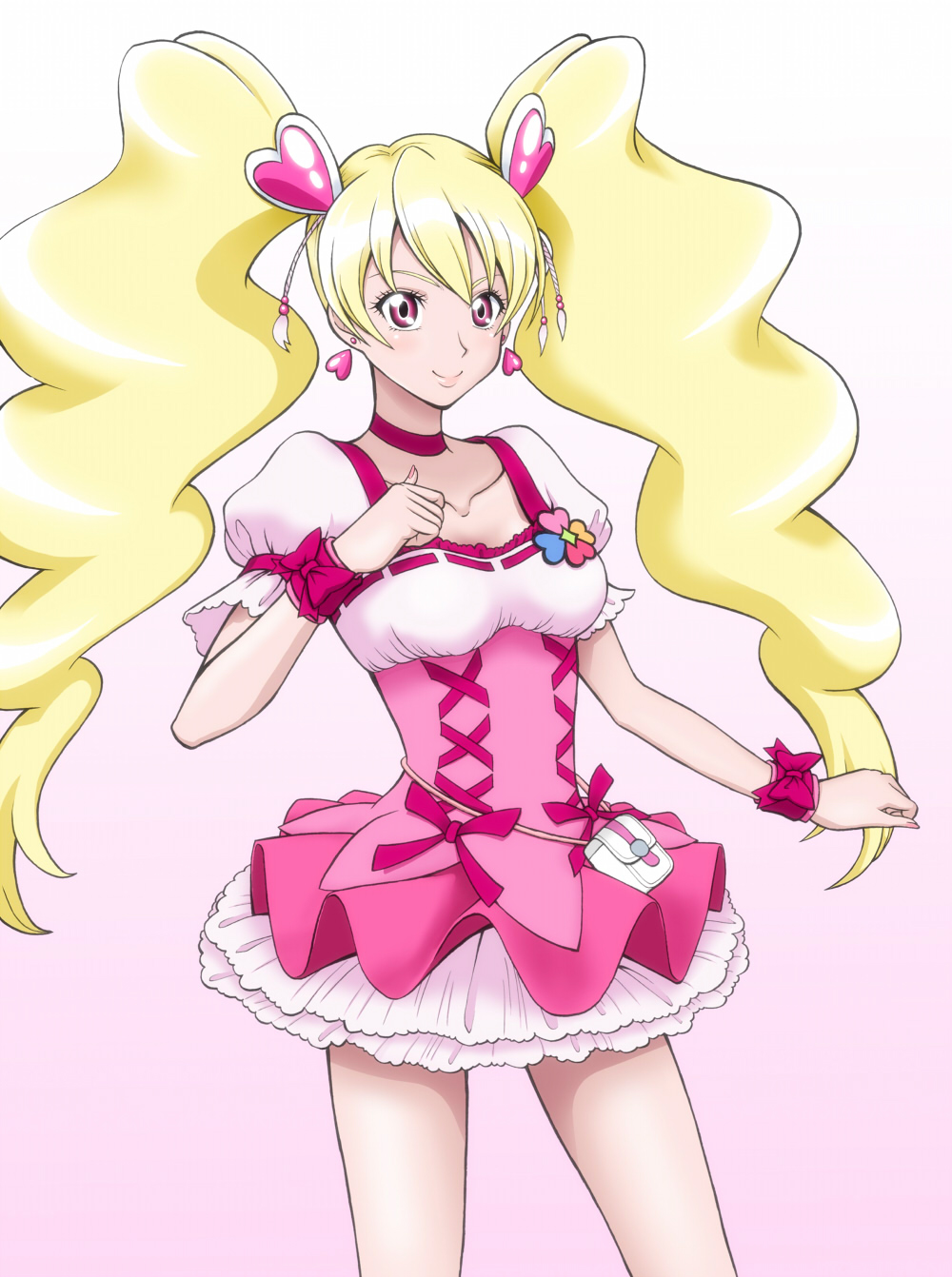 00s, 1girl, blonde_hair, boots, bow, breasts, choker, cure_peach