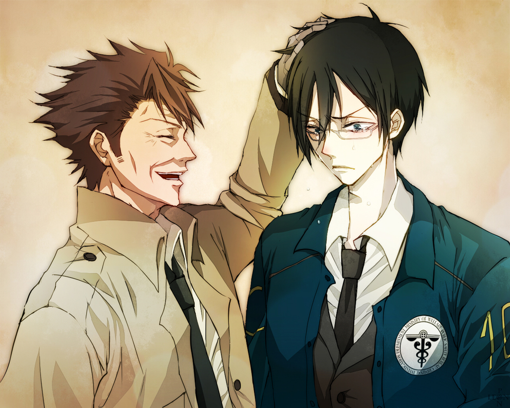 10s, 2boys, black_hair, brown_hair, closed_eyes, father_and_child, father_and_son, formal_clothes