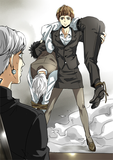 10s, 2boys, 2girls, black_hair, bound, brown_hair, carrying, carrying_under_arm, fireman's_carry, kasei_joushuu, kougami_shin'ya, makishima_shougo, mina_(o414), multiple_boys, multiple_girls, mundane_made_awesome, pantyhose, pencil_skirt, psycho-pass, rope, short_hair, skirt, smoke, surprised, tied_up_(nonsexual), tsunemori_akane, white_hair, wide-eyed