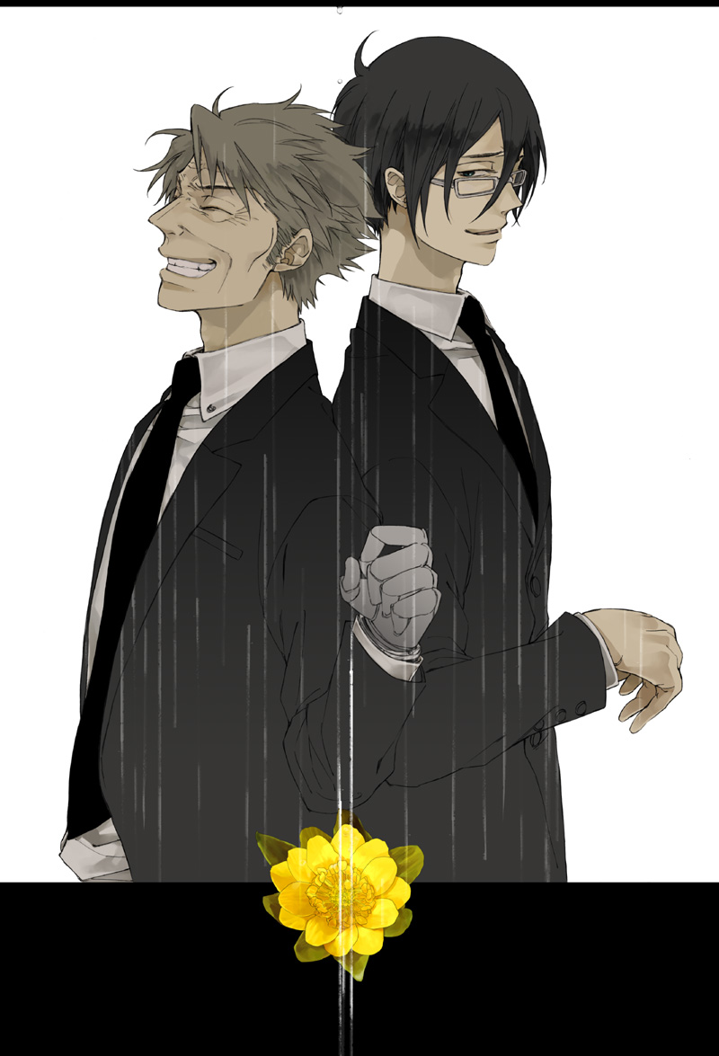 10s, 2boys, back-to-back, bad_id, bad_pixiv_id, black_hair, brown_hair, closed_eyes, father_and_child, father_and_son, flower, formal_clothes, ginoza_nobuchika, glasses, grin, masaoka_tomomi, mrc-k, multiple_boys, necktie, parent_and_child, prosthesis, prosthetic_arm, psycho-pass, short_hair, smile, spoilers, suit