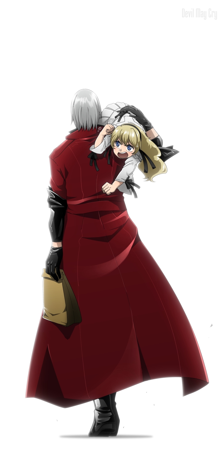 1boy, 1girl, bad_id, bad_pixiv_id, bag, blonde_hair, blue_eyes, capcom, coat, dante_(devil_may_cry), devil_may_cry_(anime), devil_may_cry_(series), from_behind, gloves, highres, jacket, long_hair, mackerel_(artist), mackerel_(sabanoneko), over_shoulder, patty_lowell, red_coat, simple_background