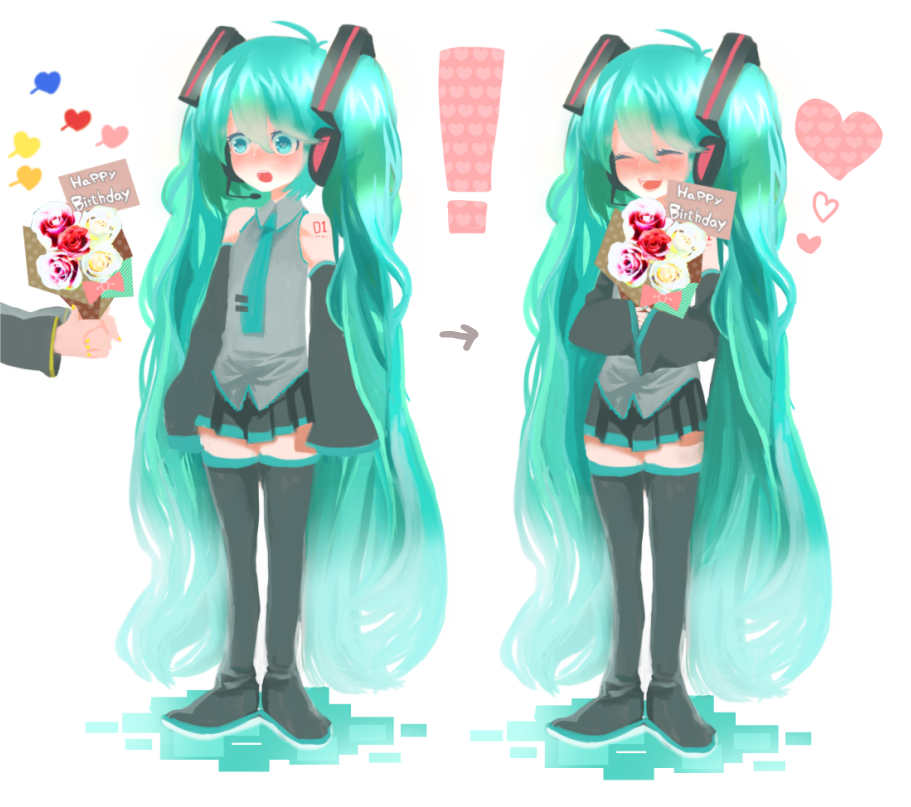 !, 1girl, aqua_eyes, aqua_hair, bad_id, bad_pixiv_id, bouquet, flower, hatsune_miku, headphones, heart, kore_hitotsubu, long_hair, smile, twintails, vocaloid