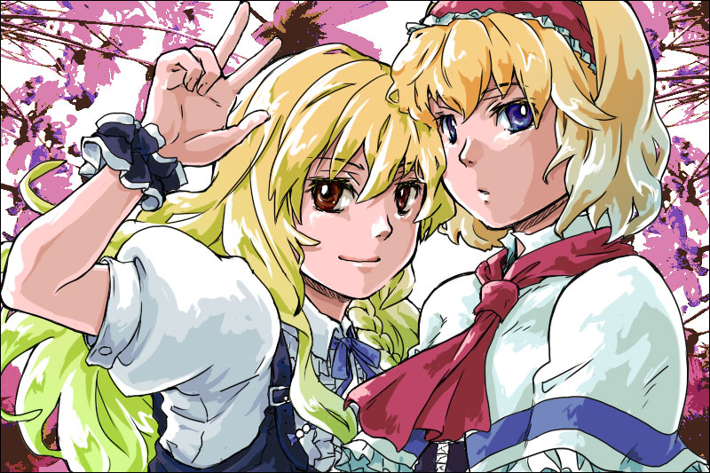 2girls, alice_margatroid, blonde_hair, blue_eyes, brown_eyes, female_focus, hairband, hanadideru