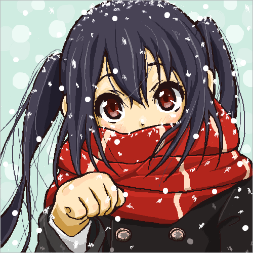 1girl, black_hair, cat, coat, gloves, jungon, k-on!, long_hair