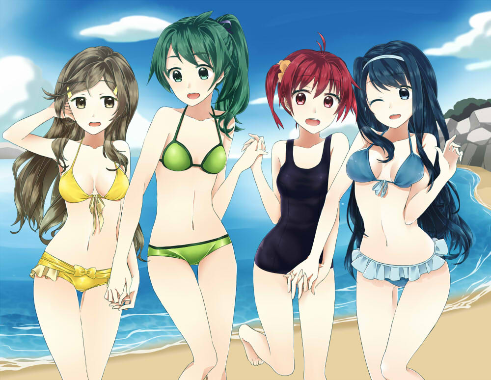 4girls, barefoot, beach, bikini, blue_bikini, blue_eyes, blue_hair, brown_eyes