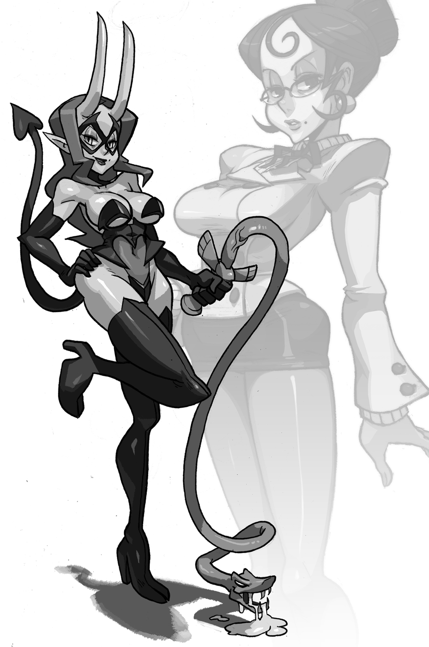 2girls, alex_ahad, bare_shoulders, bdsm, boots, breasts, d._violet_(skullgirls), demon_girl, dominatrix, drooling, dual_persona, elbow_gloves, glasses, gloves, greyscale, hand_on_own_hip, high_heels, highres, horns, large_breasts, leotard, lipstick, long_hair, makeup, mask, mole, monochrome, monster_girl, mrs._victoria_(skullgirls), multiple_girls, naughty_face, official_art, phallic_symbol, pointy_ears, sexually_suggestive, shoes, skullgirls, snake, standing, standing_on_one_leg, teacher, thigh_boots, thighhighs, whip