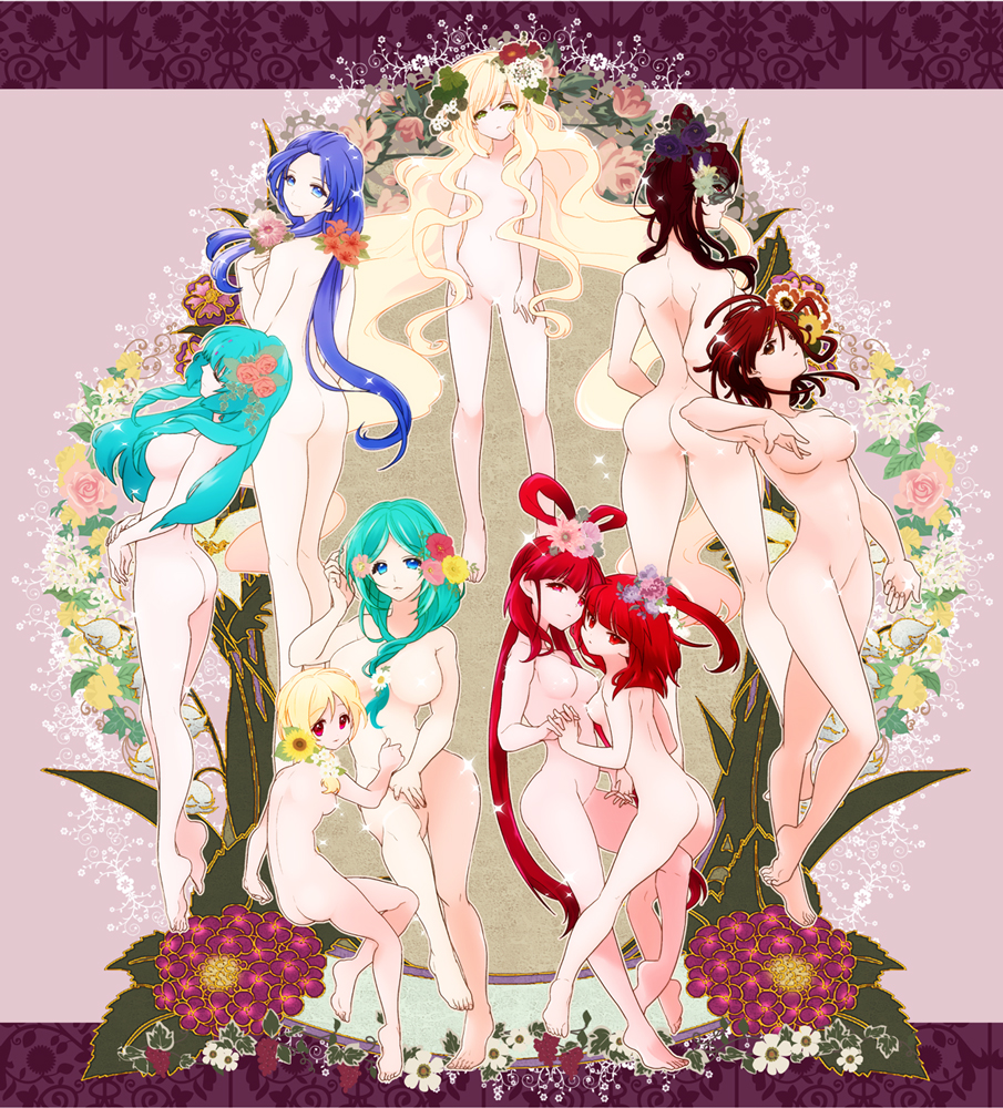6+girls, aqua_hair, art_nouveau, ass, barefoot, blonde_hair, blue_eyes, brown_eyes, brown_hair, censored, convenient_censoring, dunya_mustashim, flower, green_eyes, hair_flower, hair_ornament, holding_hands, kondoru, long_hair, magi_the_labyrinth_of_magic, mask, morgiana, multiple_girls, myers, navel, no_nipples, nude, pisti, purple_eyes, purple_hair, red_eyes, red_hair, ren_hakuei, ren_kougyoku, scheherazade_(magi), short_hair, toto_(magi), yamuraiha, yuri