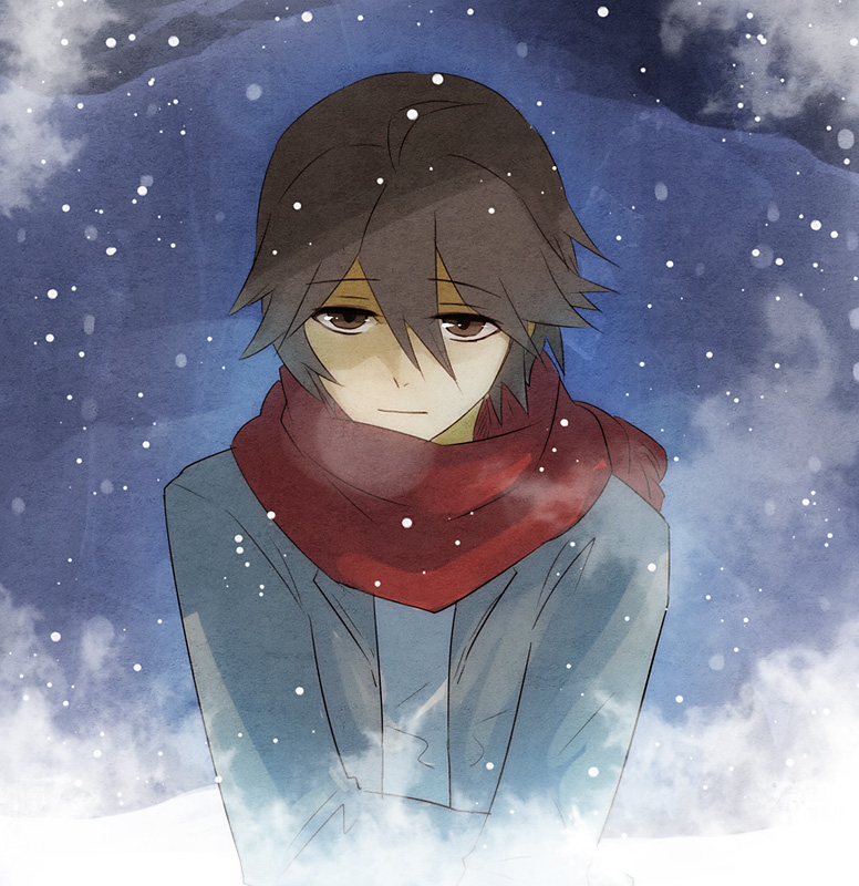 1boy, ahoge, breath, brown_eyes, brown_hair, commentary, hair_between_eyes, hato_moa, hatoful_kareshi, jacket, looking_at_viewer, male_focus, official_art, scarf, sky, snow, snowing, solo, spoilers, uzune_hitori, winter