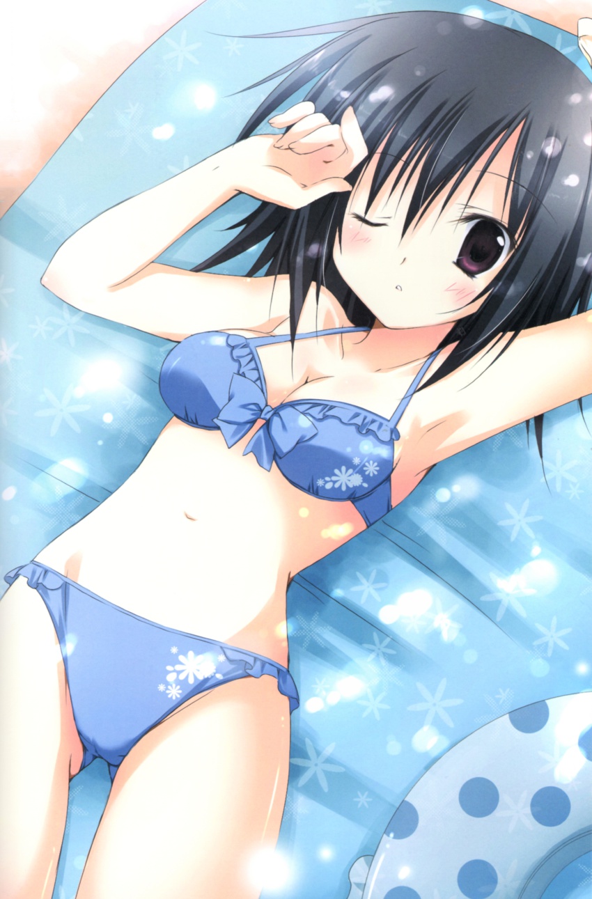 1girl, ;o, absurdres, arm_up, armpits, bikini, black_hair, blue_bikini