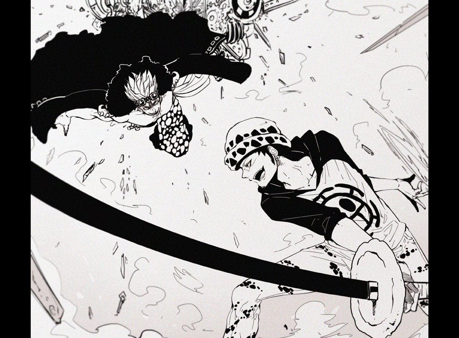 2boys, denim, earrings, eustass_kid, fighting, fur_jacket, fuzzy_hat, gears