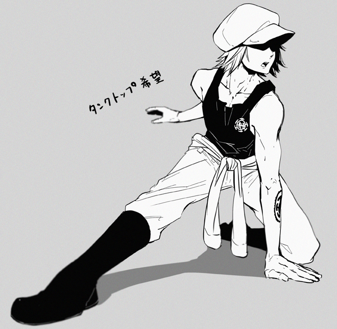 1boy, boots, fighting_stance, full_body, hat, heart_pirates, jumpsuit, male_focus, monochrome, one_piece, shachi_(one_piece), solo, squatting, sunglasses, takuhe_0410, tank_top, tattoo