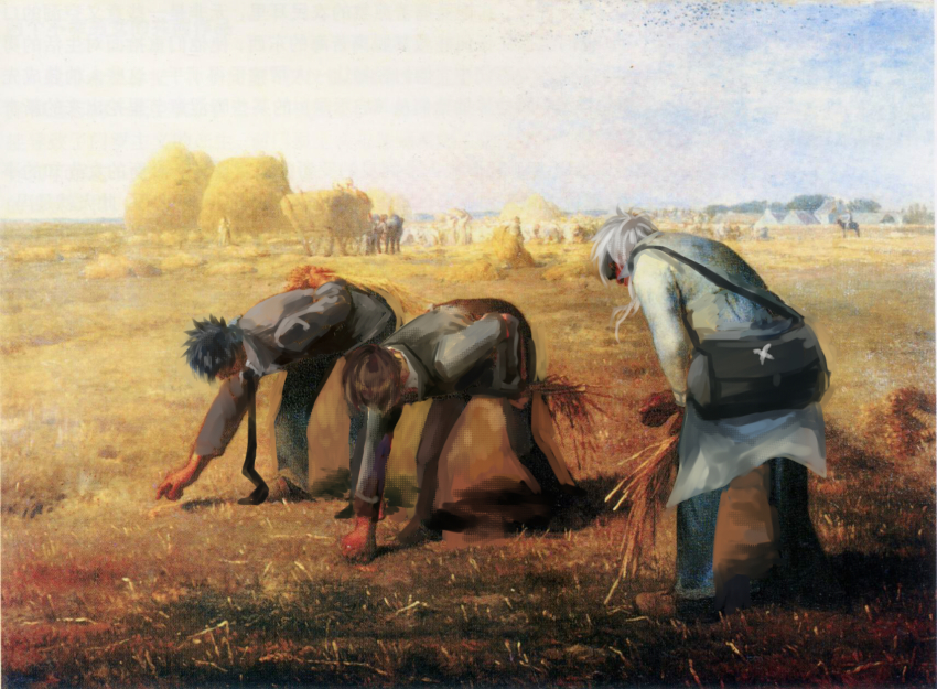 3boys, bag, black_hair, bowing, brown_hair, building, coat, fine_art_parody, formal_clothes, highres, kougami_shin'ya, makishima_shougo, male_focus, multiple_boys, necktie, pants, parody, psycho-pass, short_hair, suit, the_gleaners, third-party_edit, tsunemori_akane, wheat, white_hair