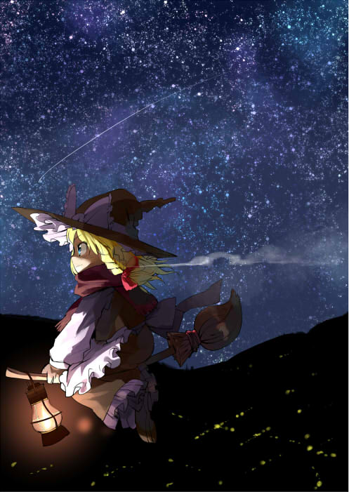 1girl, blonde_hair, braid, broom, broom_riding, female_focus, hat, kirisame_marisa