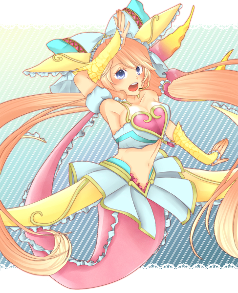 bermuda_triangle, bow, breasts, cardfight!!_vanguard, cosplay, fins, gloves, hair_bow, hair_ornament, hair_ribbon, headdress, headset, large_breasts, long_hair, looking_at_viewer, mermaid, microphone, miniskirt, monster_girl, orange_hair, puffy_sleeves, purple_eyes, ribbon, sendou_emi, skirt, strapless, top_idol_flores, tube_top, vanguard_ride