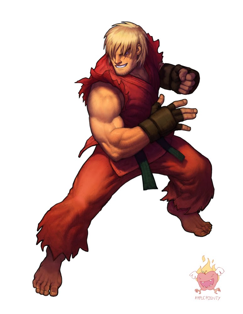 1boy, barefoot, blonde_hair, capcom, dougi, facial_hair, fighting_stance, fingerless_gloves