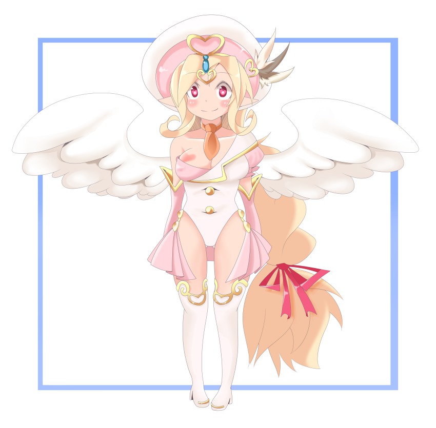 1girl, absurdres, angel, angel_wings, blonde_hair, boots, breasts, cleavage, cupid_(mon-musu_quest!), female_focus, hair_ornament, hat, heart, heart-shaped_pupils, highres, knee_boots, long_hair, mon-musu_quest!, philip_(n1k2-j), pink_eyes, ribbon, smile, solo, symbol-shaped_pupils, thighhighs, very_long_hair, white_thighhighs, wings, zettai_ryouiki