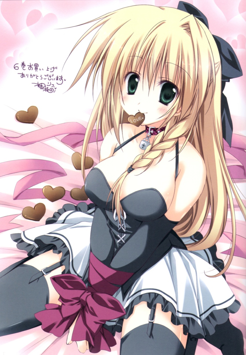 1girl, absurdres, bdsm, bed_sheet, black_thighhighs, blonde_hair, blush, bondage