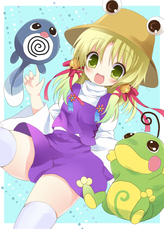 1girl, bell, blonde_hair, crossover, gen_1_pokemon, gen_2_pokemon, green_eyes, hair_ribbon