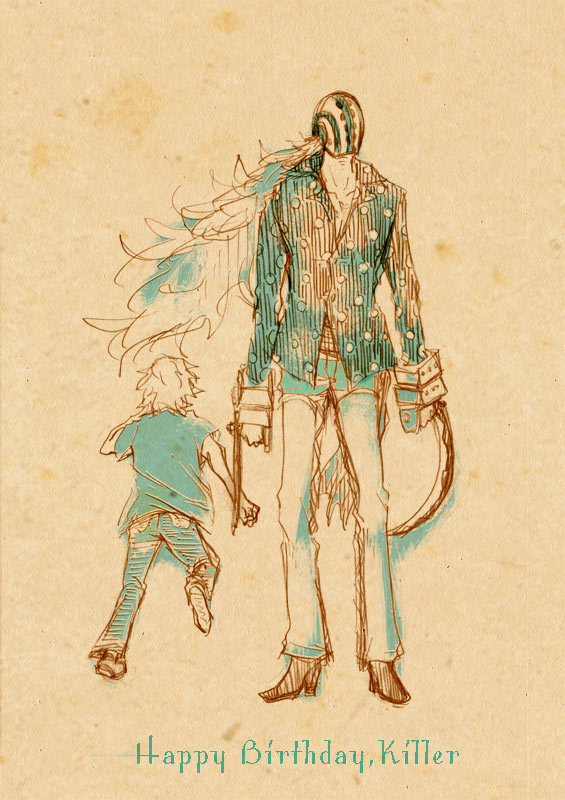 1boy, 2boys, abco, age_progression, birthday, dual_persona, full_body, helmet, killer_(one_piece), long_hair, male_focus, multiple_boys, multiple_persona, one_piece, open_collar, polka_dot, polka_dot_shirt, shirt, standing, weapon, aged_down