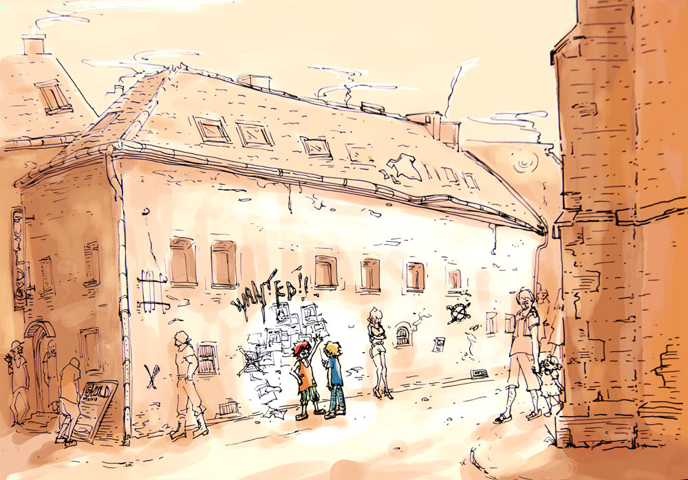 3girls, 6+boys, abco, aged_down, blonde_hair, building, child, city, eustass_kid, father_and_child, father_and_daughter, killer_(one_piece), multiple_boys, multiple_girls, one_piece, outdoors, parent_and_child, red_hair, road, sketch, sky, spot_color, street, town, wanted_poster