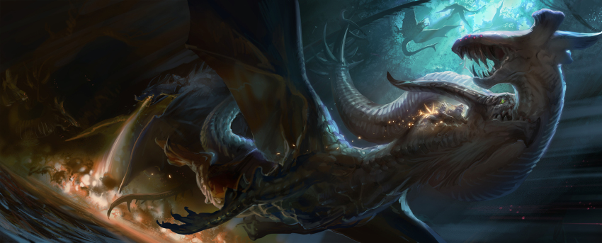 2boys, bad_id, bad_pixiv_id, battle, biting, dragon, fire, helmet