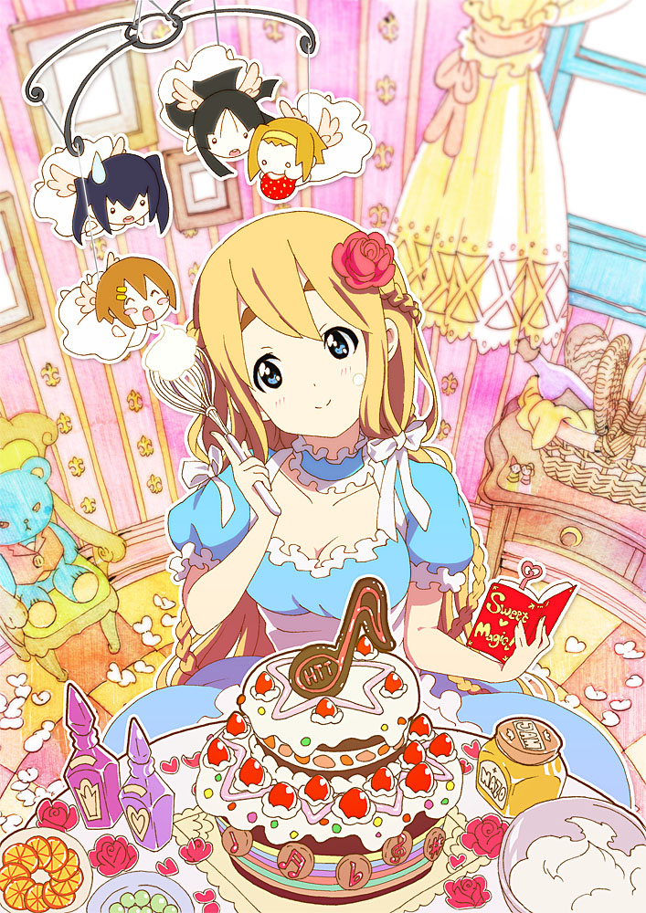 5girls, ^_^, akiyama_mio, basket, blonde_hair, blue_eyes, blush_stickers, book, bow, braid, breasts, cake, chair, choker, cleavage, closed_eyes, curtains, dress, eating, enshinryoku_(ticktack), flower, food, french_braid, fruit, hair_bow, hair_flower, hair_ornament, hairclip, hirasawa_yui, ho-kago_tea_time, icing, k-on!, kotobuki_tsumugi, long_hair, mini_person, minigirl, multiple_girls, musical_note, nakano_azusa, smile, strawberry, stuffed_animal, stuffed_toy, sweatdrop, tainaka_ritsu, teddy_bear, whisk, wings