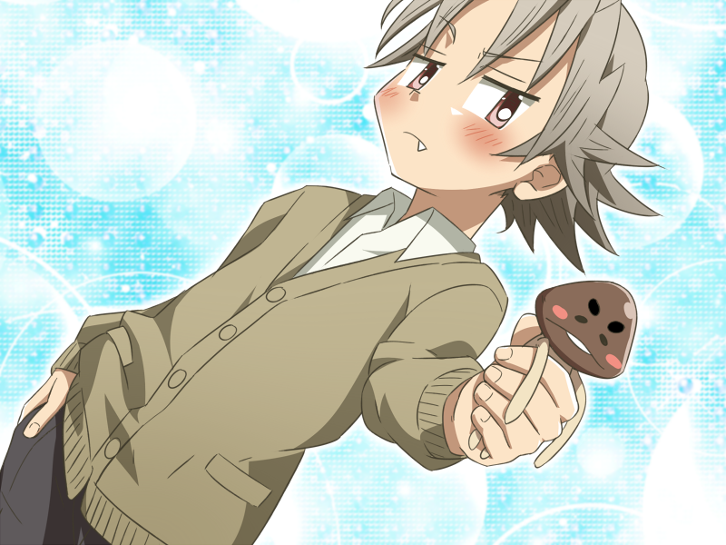 1boy, blue_background, blush, child, fang, game_cg, grey_hair, kiriya_gymno