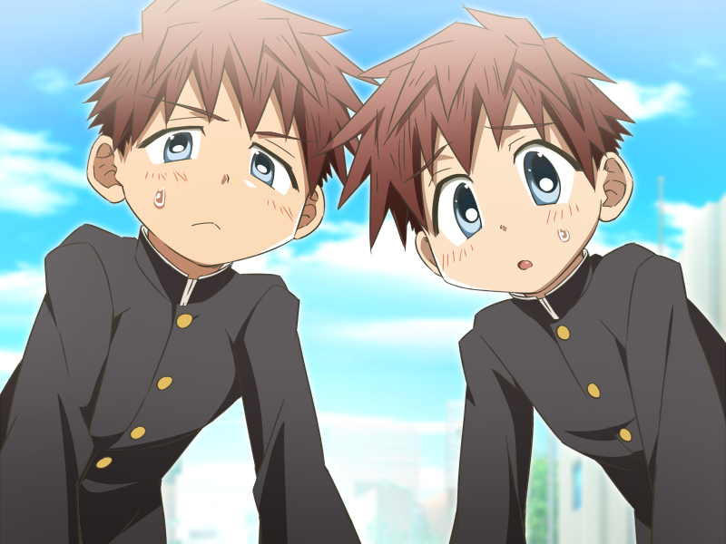 2boys, akamine_sora, akamine_tsuki, blue_eyes, blush, child, game_cg, kiriya_gymno