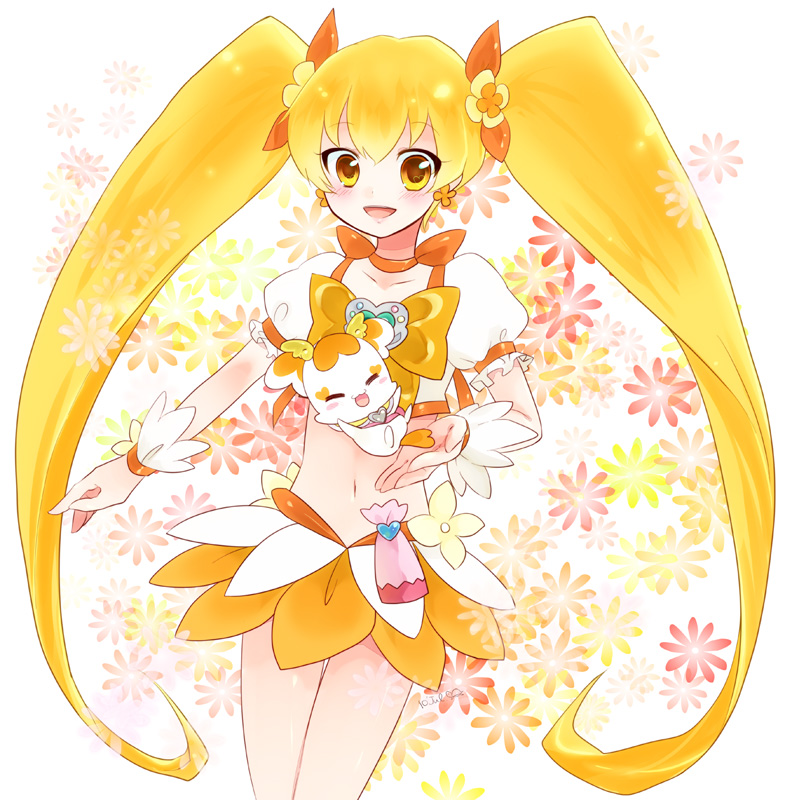 10s, 1girl, blonde_hair, bow, brooch, cure_sunshine, closed_eyes, hair_ribbon