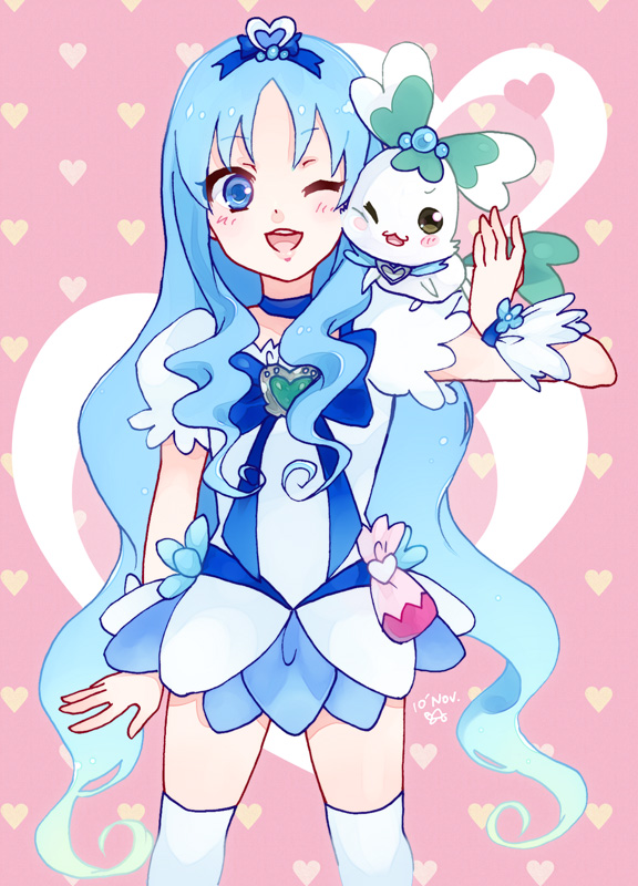 10s, 1girl, blue_eyes, blue_hair, blue_skirt, brooch, coffret_(precure), cure_marine