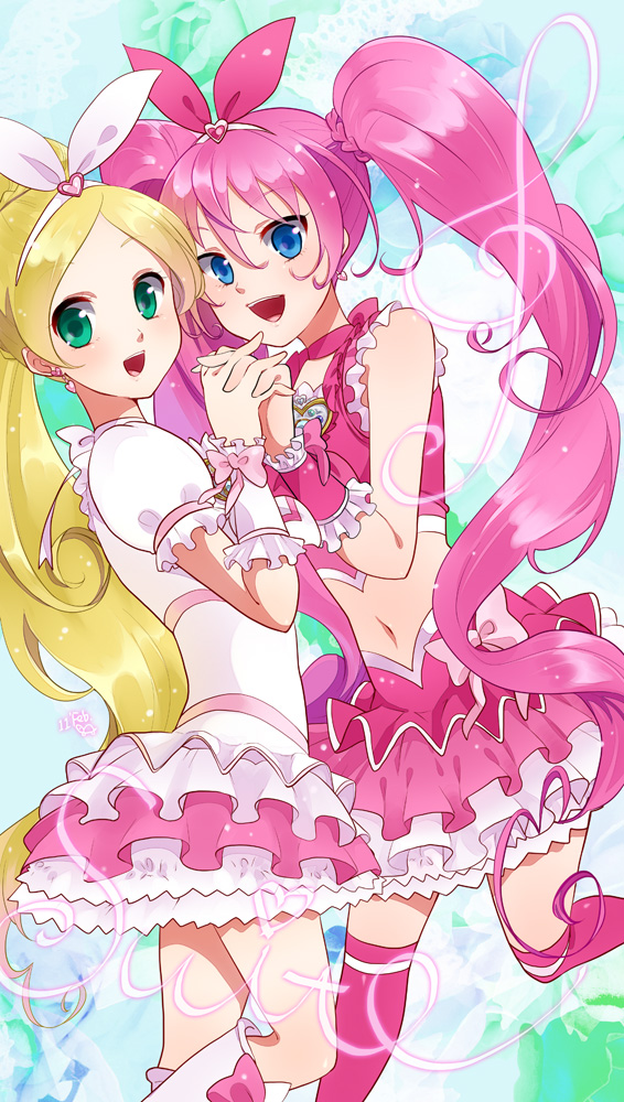 10s, 2girls, back, blonde_hair, blue_eyes, boots, bow, choker