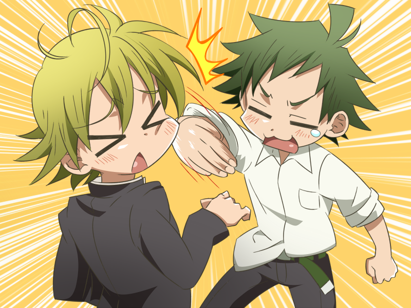 2boys, antenna_hair, child, game_cg, green_hair, kiriya_gymno, male_focus, moriumi_tomo