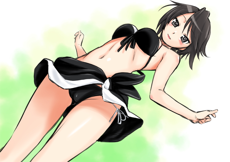 10s, 1girl, bikini, black_bikini, black_eyes, black_hair, blush, breasts