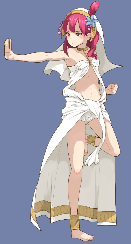 1girl, anklet, bad_id, bad_pixiv_id, barefoot, blue_background, blush, choker, clenched_hand, dancer, dress, feet, female_focus, fighting_stance, flat_chest, flower, full_body, hair_flower, hair_ornament, harem_outfit, headdress, hogi, jewelry, lots_of_jewelry, magi_the_labyrinth_of_magic, martial_arts, midriff, morgiana, navel, necklace, open_hand, open_palm, outstretched_hand, red_hair, solo, standing, standing_on_one_leg, veil