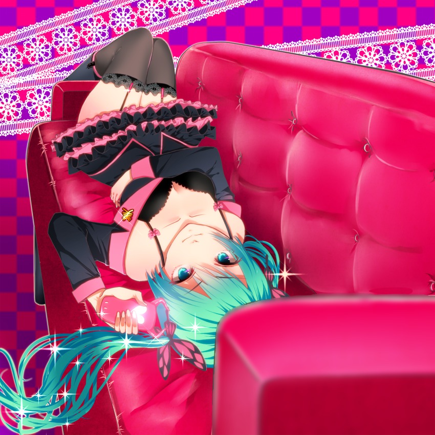 1girl, aqua_eyes, aqua_hair, asanome, bra, cellphone, checkered_background, couch, female_focus, garter_straps, hatsune_miku, highres, hatsune_miku_(honey_whip), lace, lace-trimmed_legwear, lace_trim, long_hair, looking_at_viewer, lying, on_back, phone, project_diva_(series), project_diva_f, skirt, solo, sweet_devil_(vocaloid), thighhighs, underwear, vocaloid
