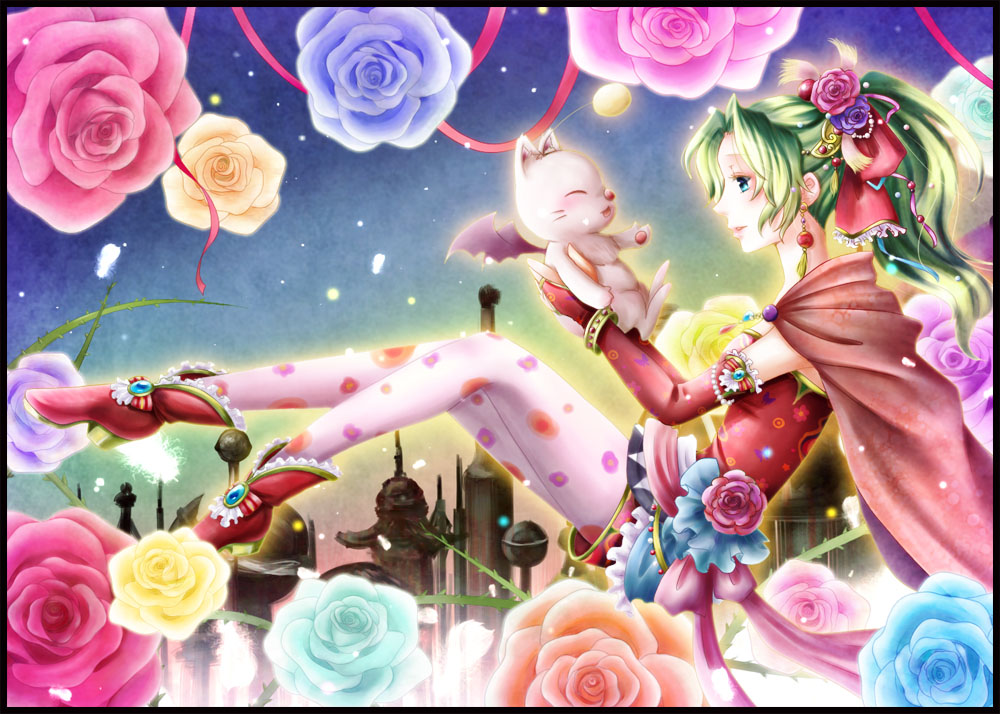 1990s_(style), 1girl, belt, blue_eyes, blue_flower, blue_rose, bow, bridal_gauntlets