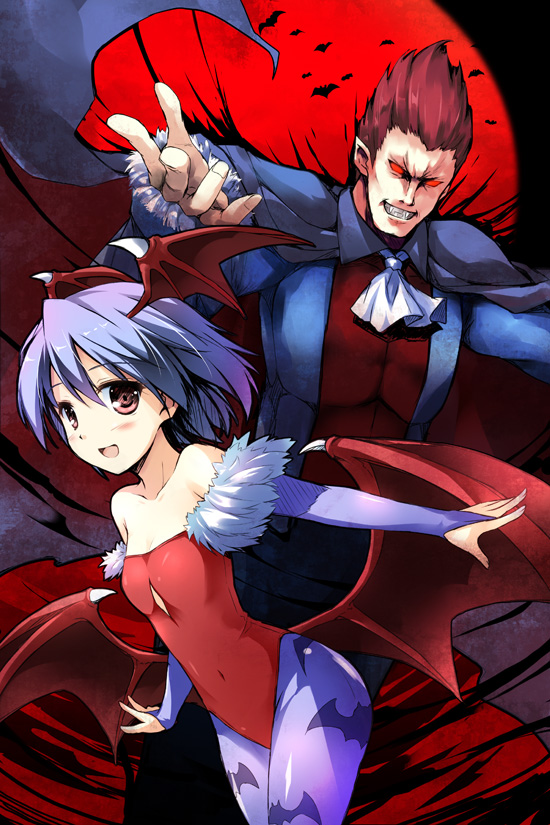 1boy, 1girl, animal_print, bare_shoulders, bat_print, blue_hair, brown_hair, capcom