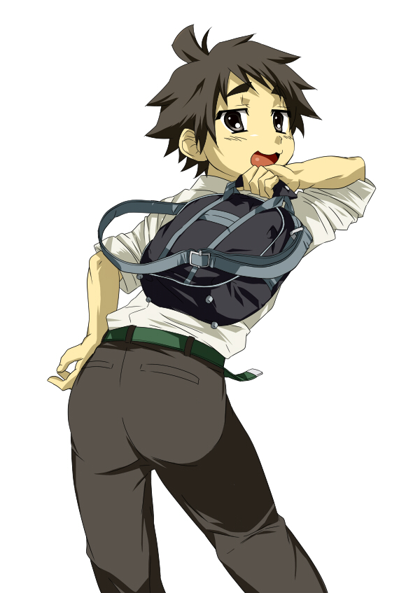 1boy, backpack, bag, brown_hair, child, kiriya_gymno, male_focus, okumura_shintarou