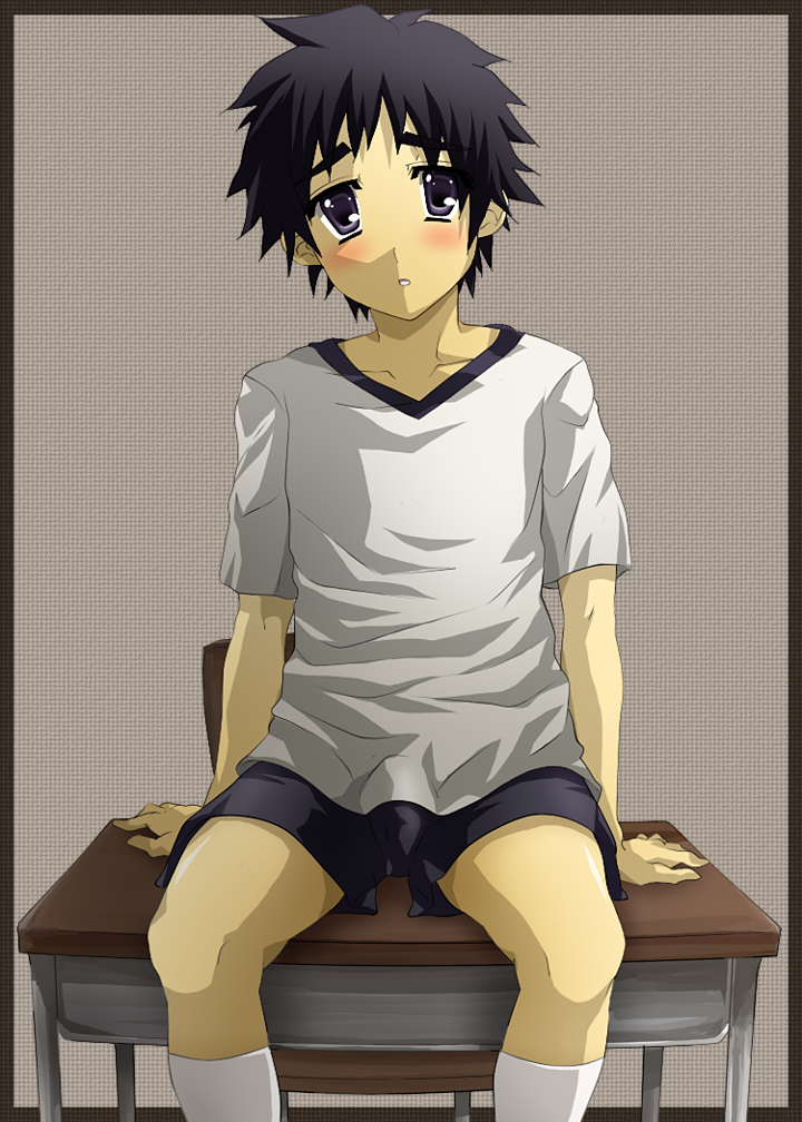 1boy, black_hair, blue_eyes, blush, child, desk, ichinose_tsubasa, kiriya_gymno, male_focus, school_boys!, simple_background, sitting, solo, unsourced